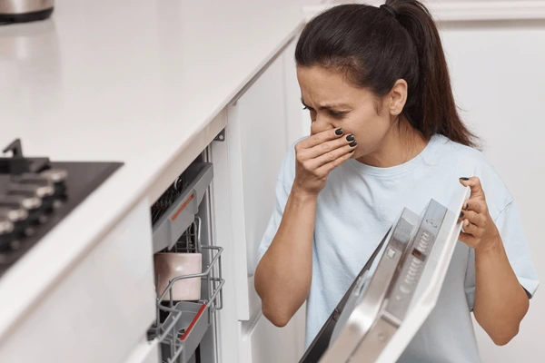 women smells odor coming from dishwasher and holds her nose